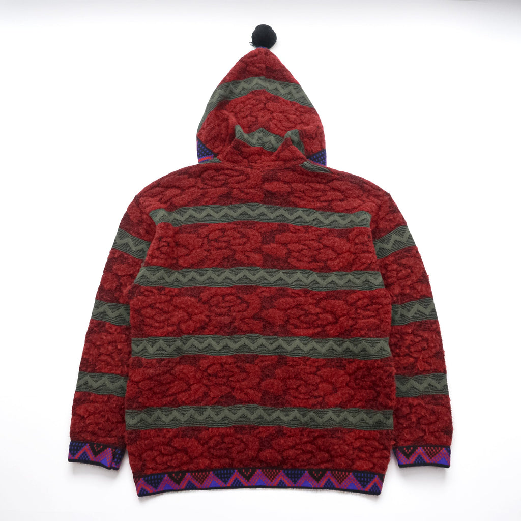 YVES SAINT LAURENT Made in Japan Vintage Knit Zip Hoodie FREE Red Native Pattern Pom-pom Old YSL