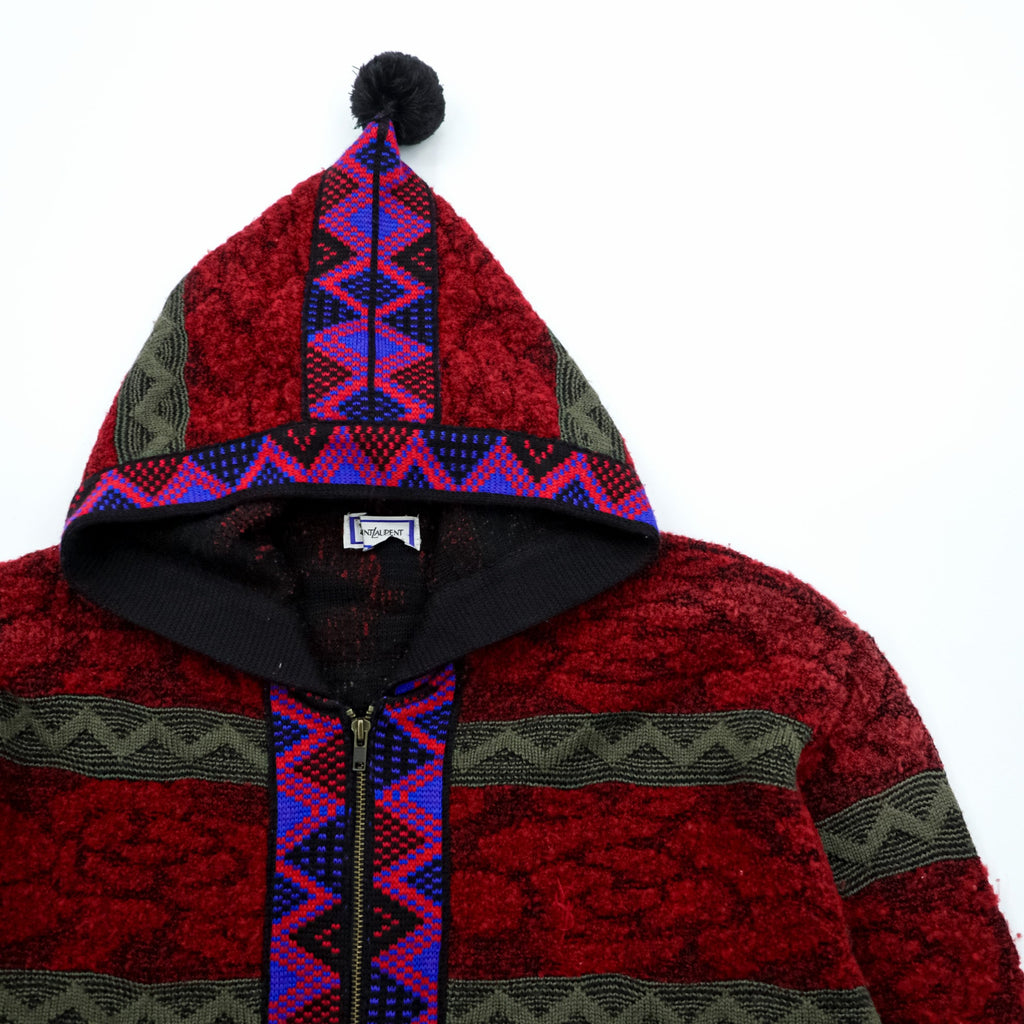 YVES SAINT LAURENT Made in Japan Vintage Knit Zip Hoodie FREE Red Native Pattern Pom-pom Old YSL