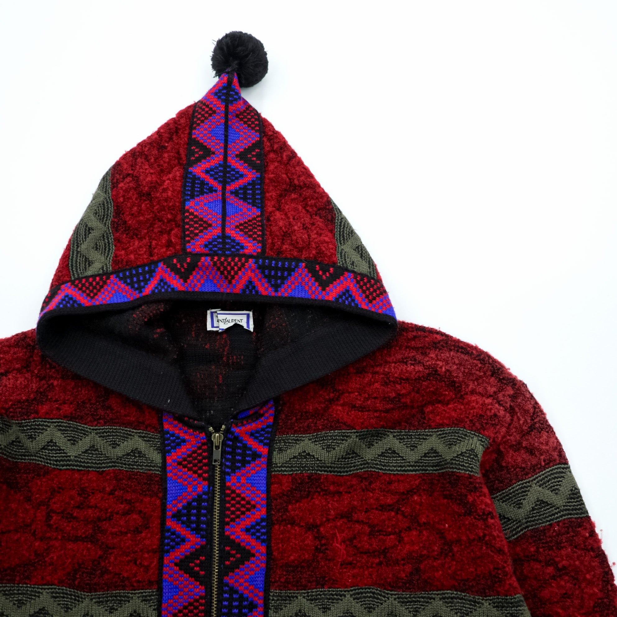 YVES SAINT LAURENT Made in Japan Vintage Knit Zip Hoodie FREE Red Native Pattern Pom-pom Old YSL