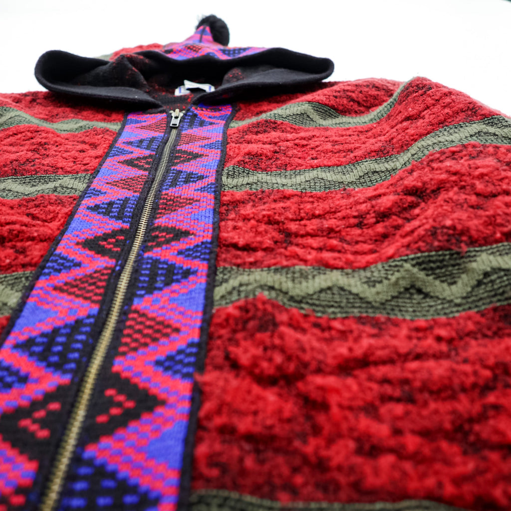 YVES SAINT LAURENT Made in Japan Vintage Knit Zip Hoodie FREE Red Native Pattern Pom-pom Old YSL