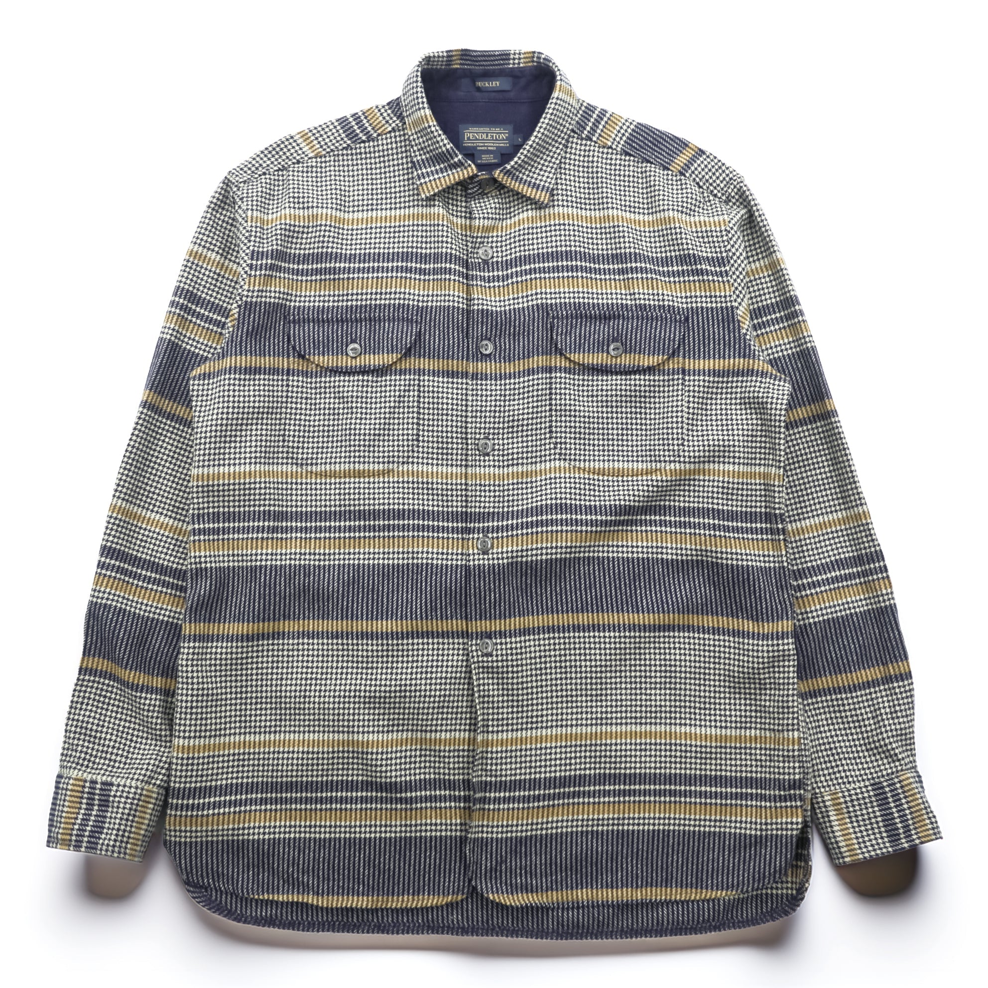 PENDLETON Flannel Shirt Long Sleeve Wool Shirt L Plaid Houndstooth BUCKLEY Chest Pocket
