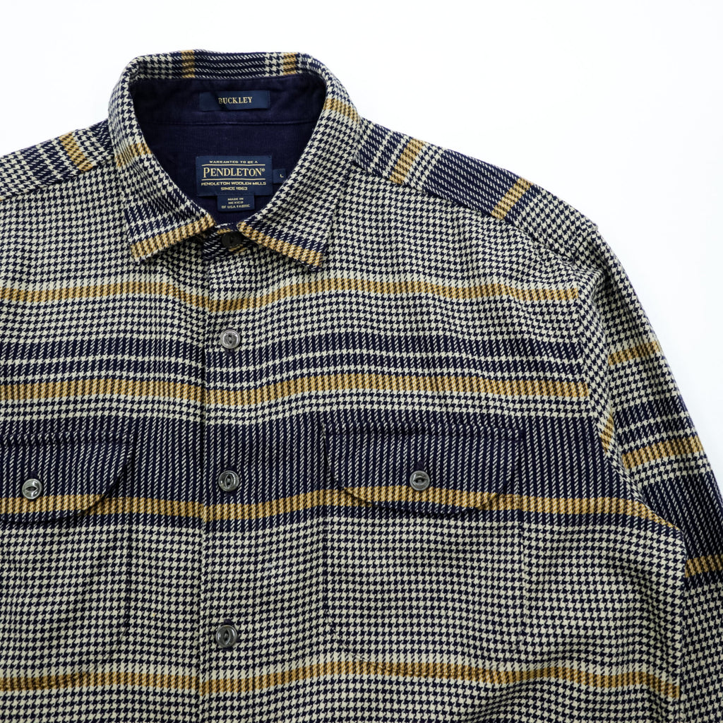PENDLETON Flannel Shirt Long Sleeve Wool Shirt L Plaid Houndstooth BUCKLEY Chest Pocket