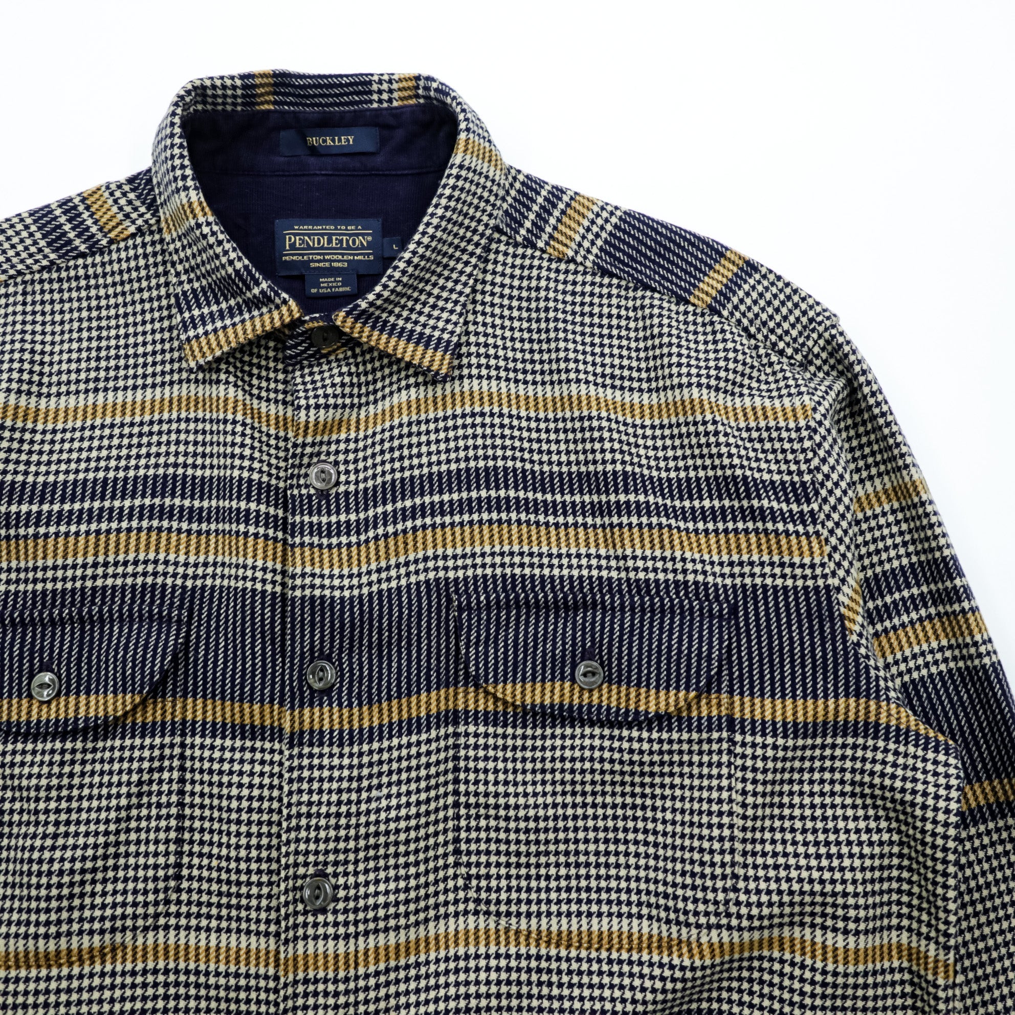 PENDLETON Flannel Shirt Long Sleeve Wool Shirt L Plaid Houndstooth BUCKLEY Chest Pocket