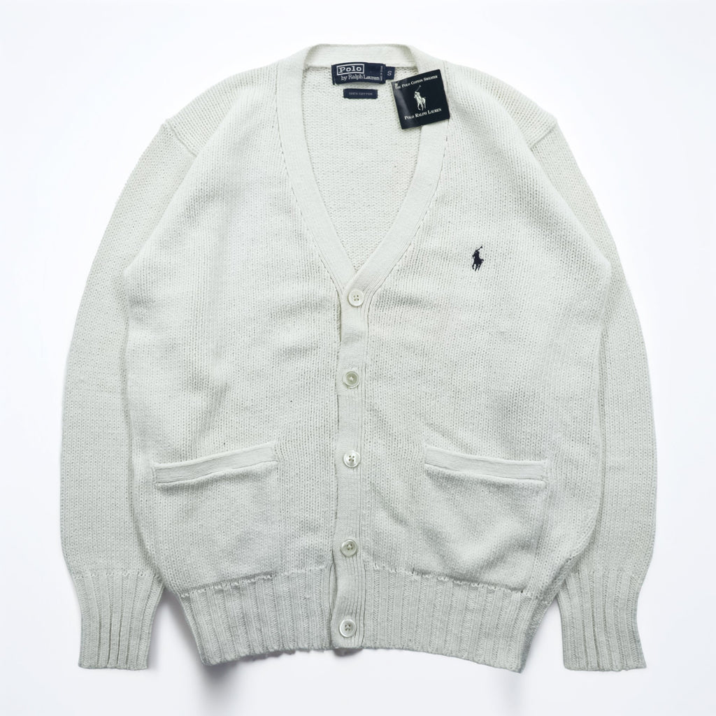 Polo Ralph Lauren 90s Knit V-Neck Cardigan S White Cotton Pockets Unused