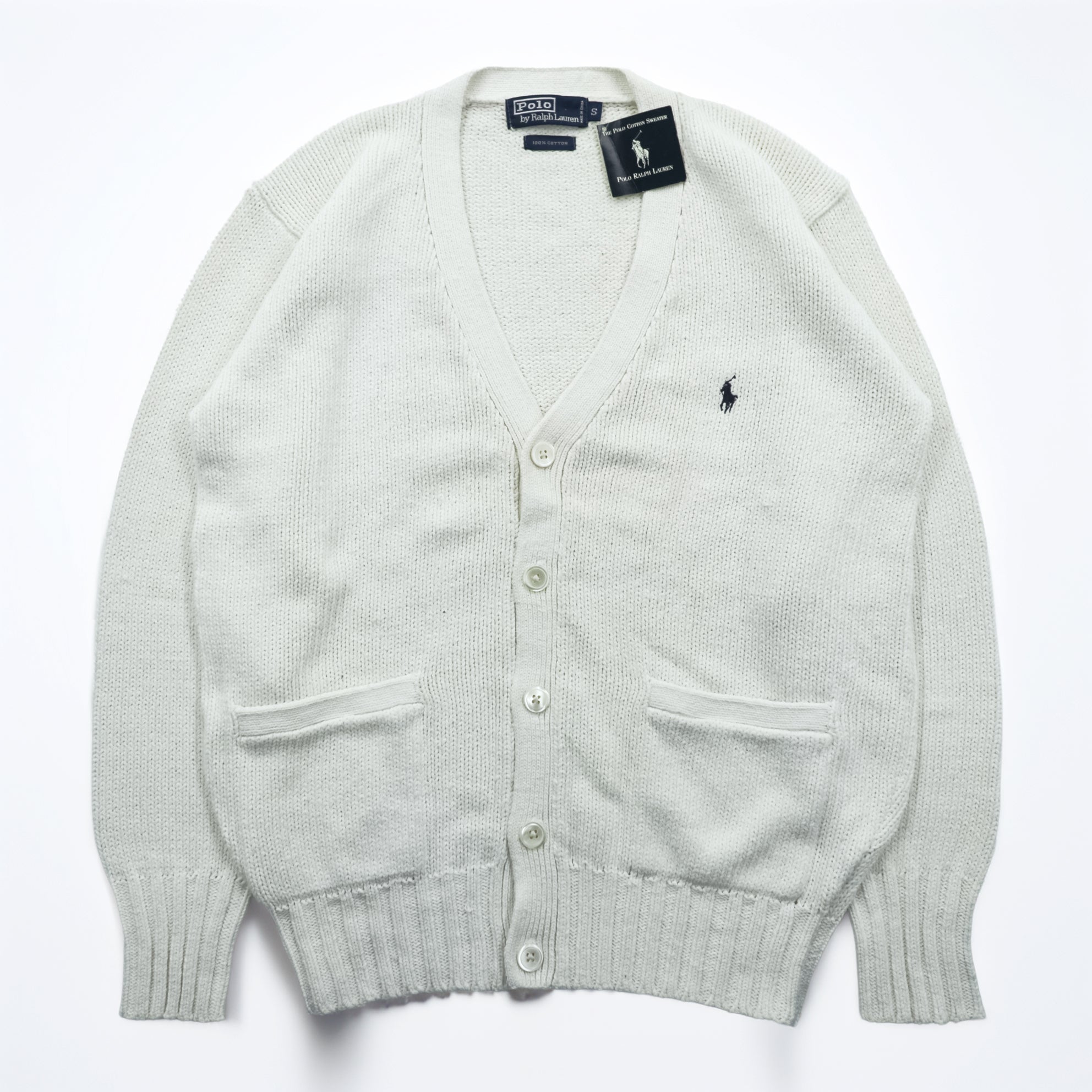 Polo Ralph Lauren 90s Knit V-Neck Cardigan S White Cotton Pockets Unused