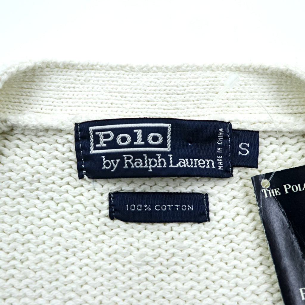 Polo Ralph Lauren 90s Knit V-Neck Cardigan S White Cotton Pockets Unused