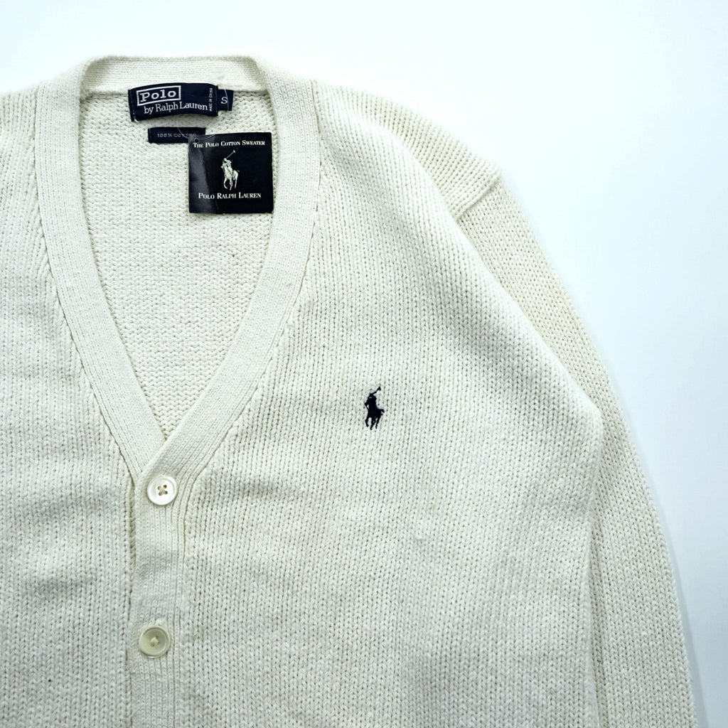 Polo Ralph Lauren 90s Knit V-Neck Cardigan S White Cotton Pockets Unused