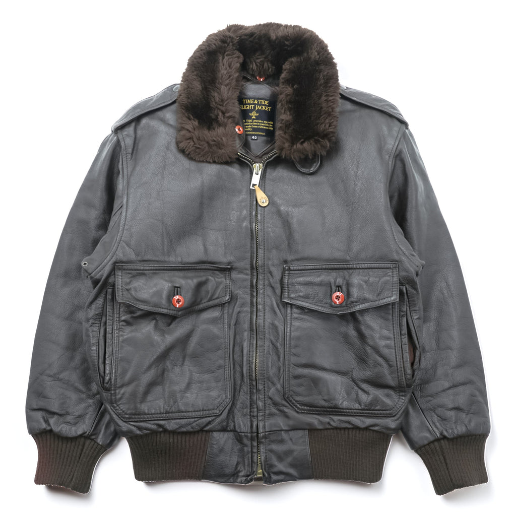 TIME & TIDE 90年代 ヴィンテージ G-1 レザー フライトジャケット L ブラウン 中綿 エポレット チンストラップ 襟ボア着脱式