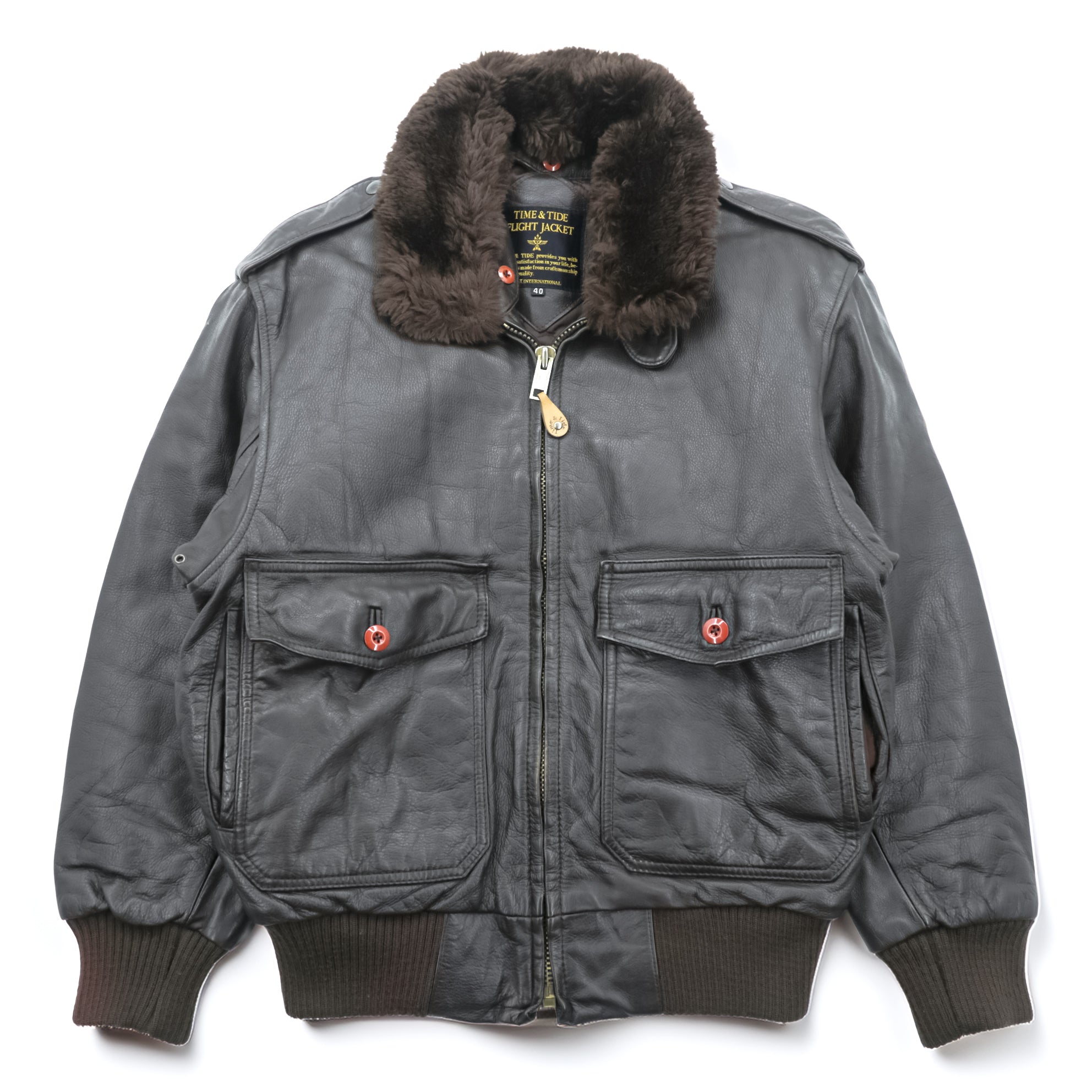 TIME & TIDE 90年代 ヴィンテージ G-1 レザー フライトジャケット L ブラウン 中綿 エポレット チンストラップ 襟ボア着脱式