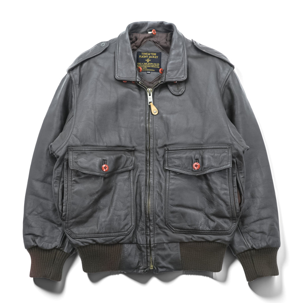 TIME & TIDE 90年代 ヴィンテージ G-1 レザー フライトジャケット L ブラウン 中綿 エポレット チンストラップ 襟ボア着脱式