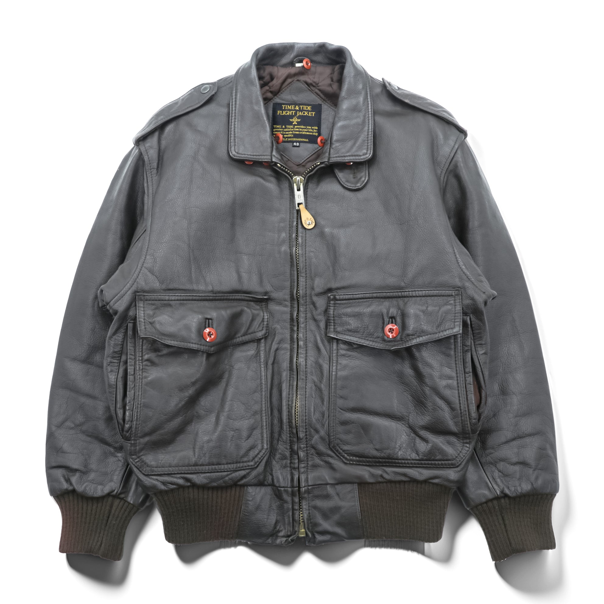 TIME & TIDE 90年代 ヴィンテージ G-1 レザー フライトジャケット L ブラウン 中綿 エポレット チンストラップ 襟ボア着脱式