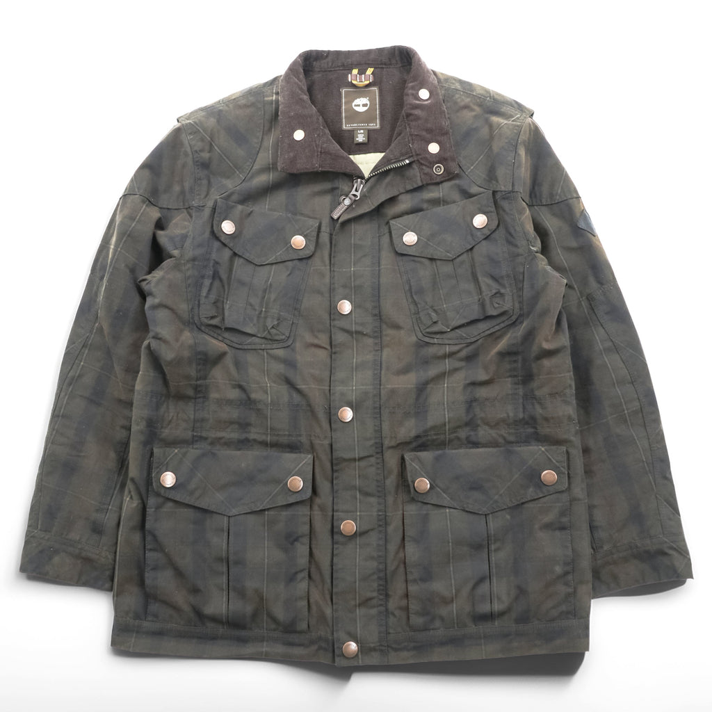 Timberland × British Millerain Oiled Hunting Jacket L Plaid Chinstrap Corduroy Collar British-Made Fabric Waxed Cotton