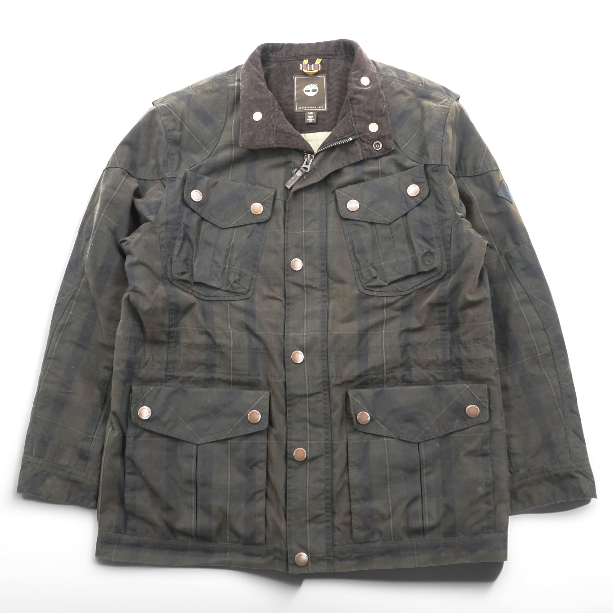 Timberland × British Millerain Oiled Hunting Jacket L Plaid Chinstrap Corduroy Collar British-Made Fabric Waxed Cotton