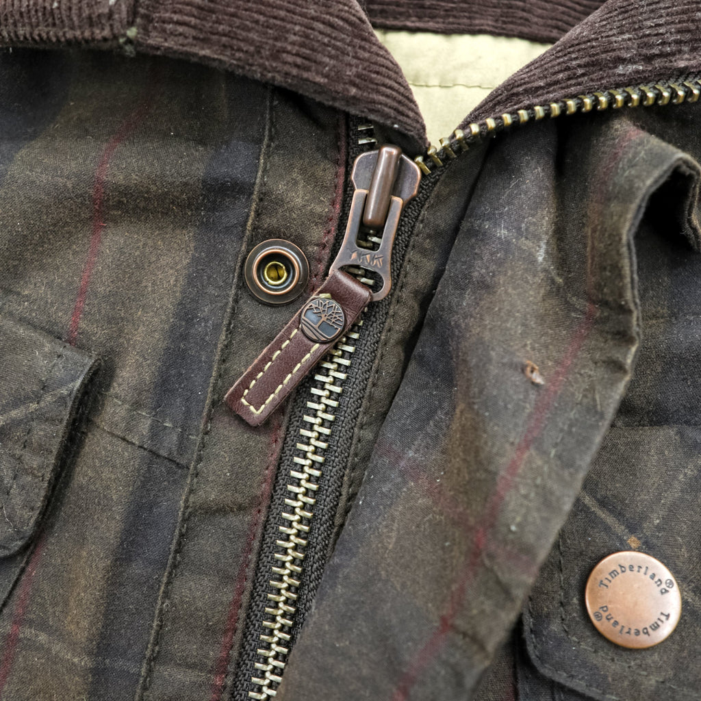 Timberland × British Millerain Oiled Hunting Jacket L Plaid Chinstrap Corduroy Collar British-Made Fabric Waxed Cotton