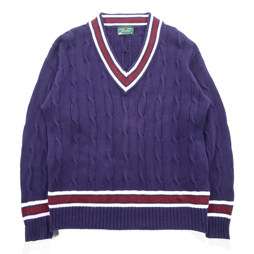 Lord Jeff 90s USA Vintage V-neck Tilden Knit Sweater XL Navy Cable Knit