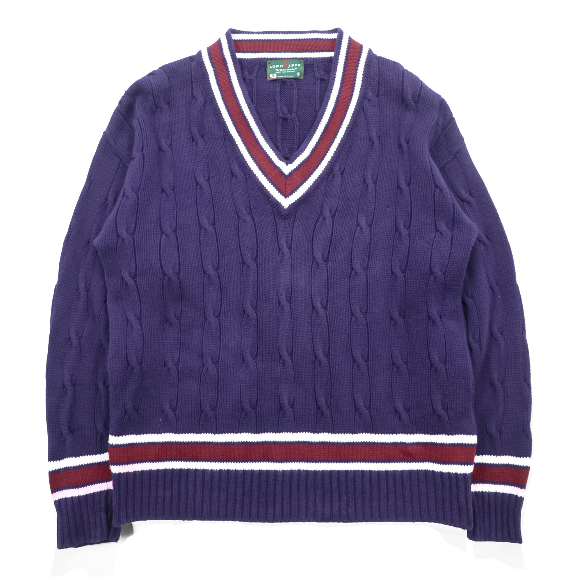 Lord Jeff 90s USA Vintage V-neck Tilden Knit Sweater XL Navy Cable Knit