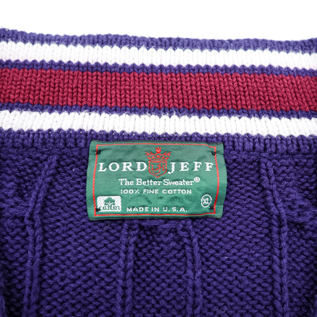 Lord Jeff 90s USA Vintage V-neck Tilden Knit Sweater XL Navy Cable Knit