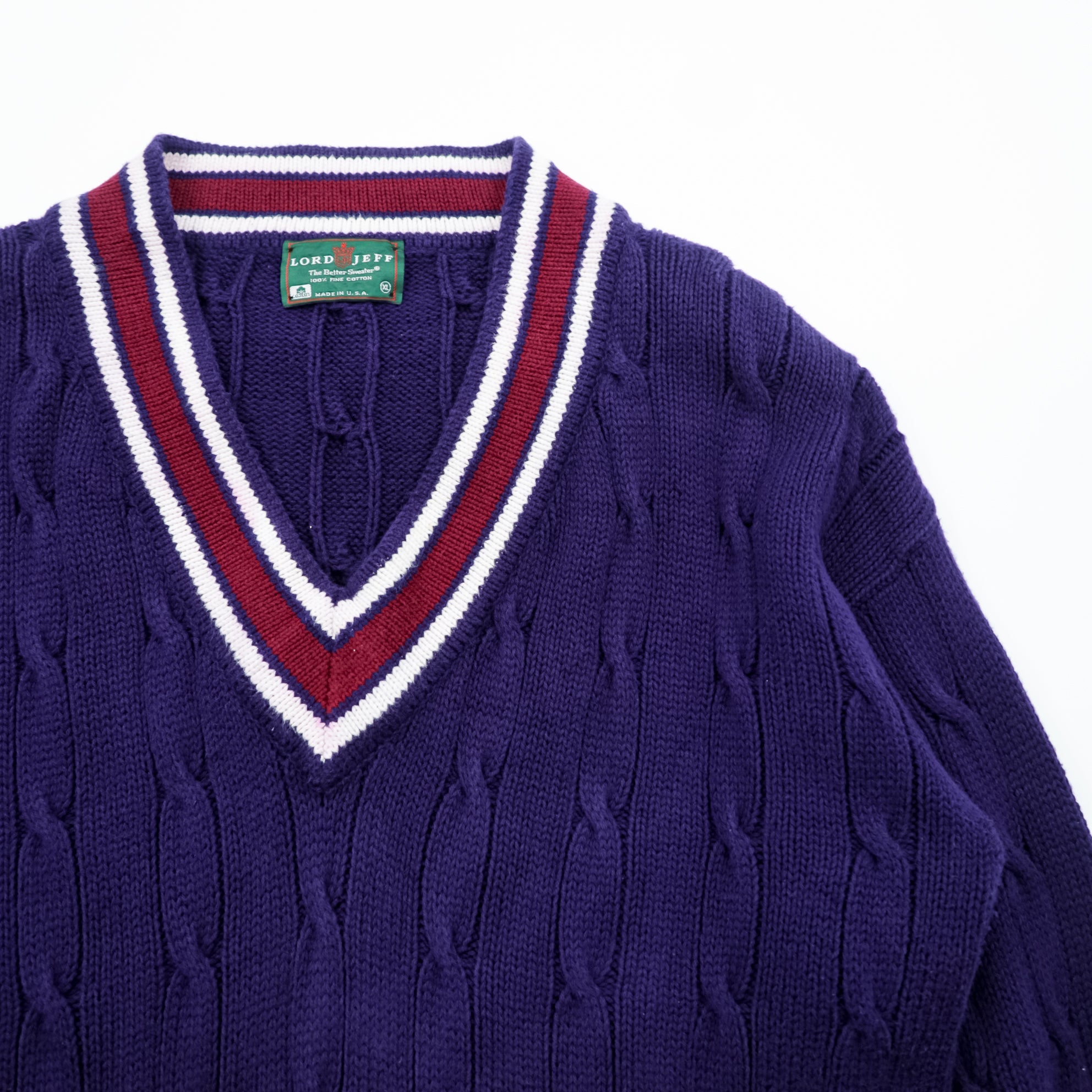 Lord Jeff 90s USA Vintage V-neck Tilden Knit Sweater XL Navy Cable Knit