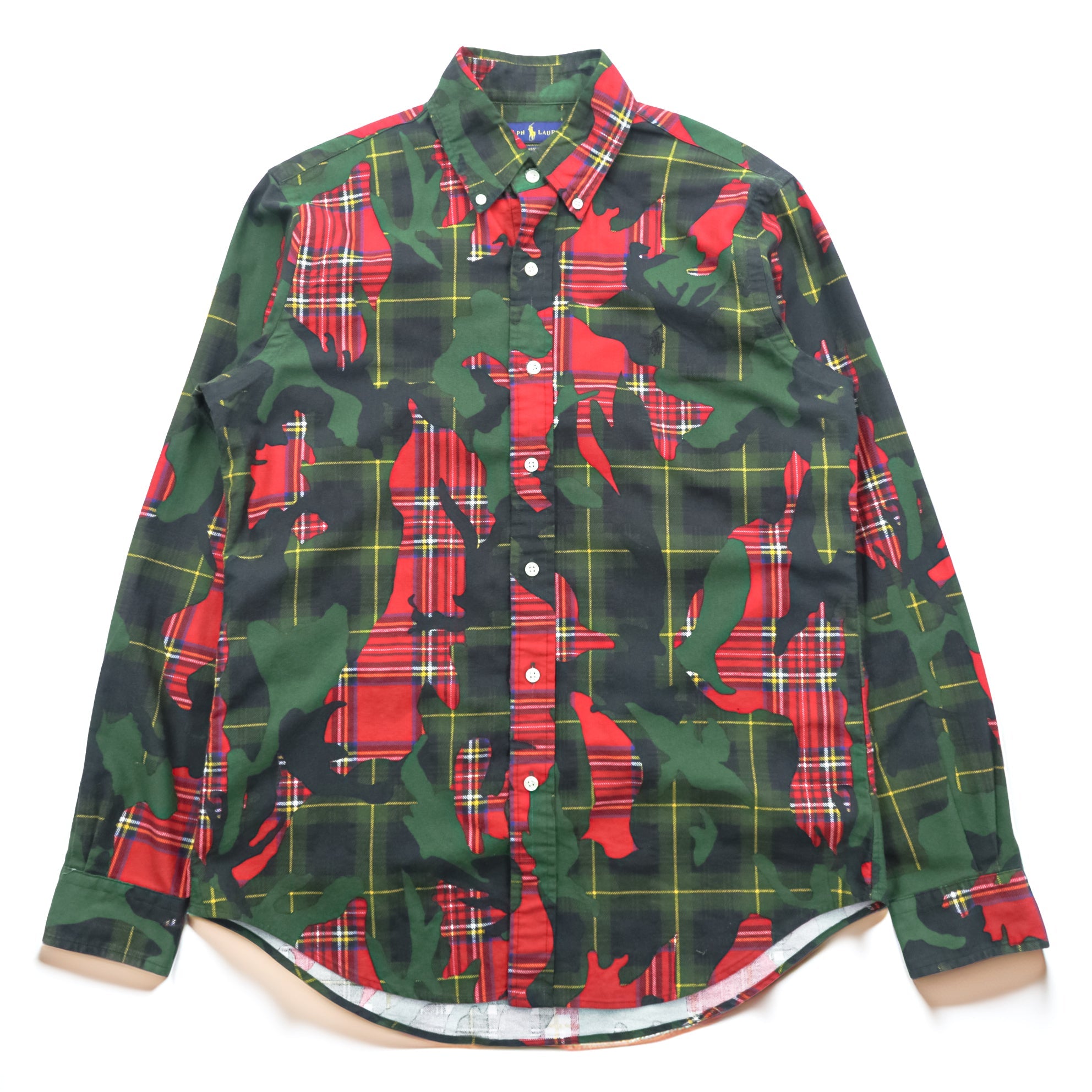 Ralph Lauren Button Down Shirt S Green All-over Pattern Tartan Plaid Camouflage CLASSIC FIT