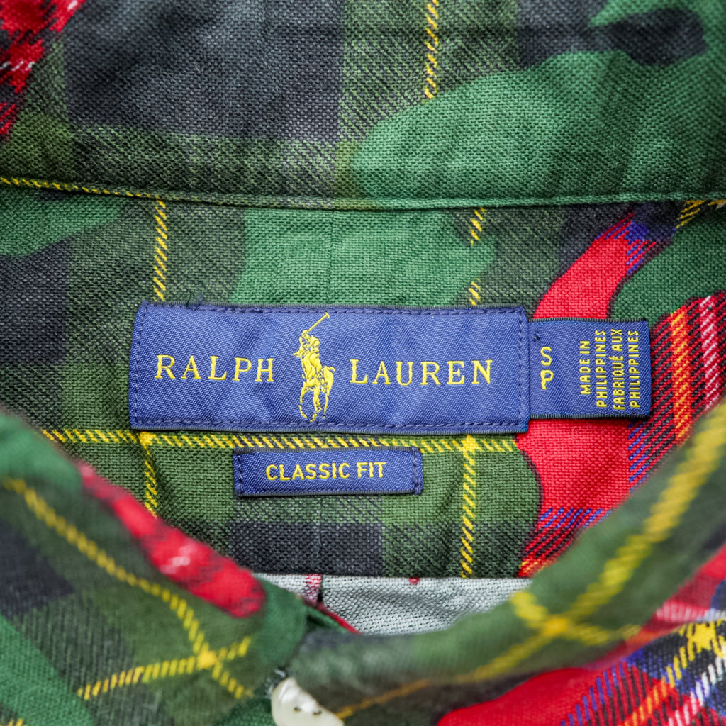 Ralph Lauren Button Down Shirt S Green All-over Pattern Tartan Plaid Camouflage CLASSIC FIT