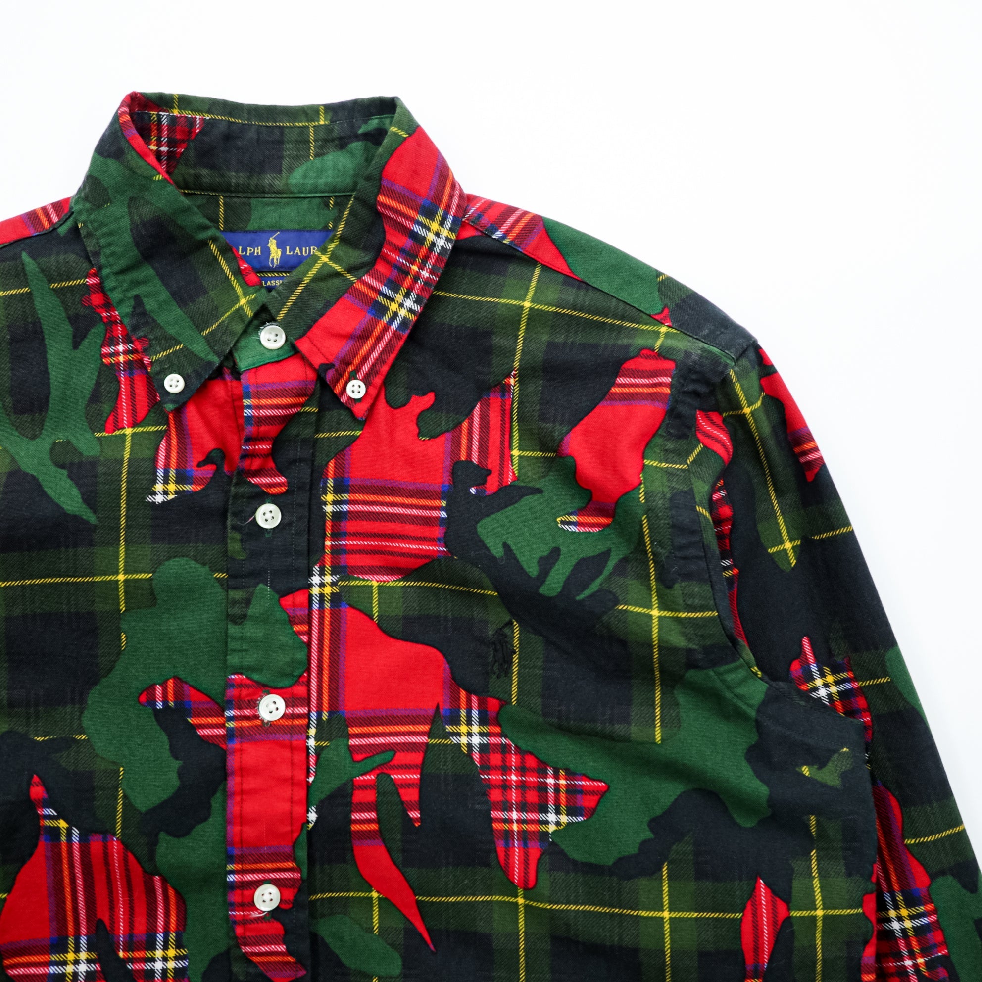 Ralph Lauren Button Down Shirt S Green All-over Pattern Tartan Plaid Camouflage CLASSIC FIT