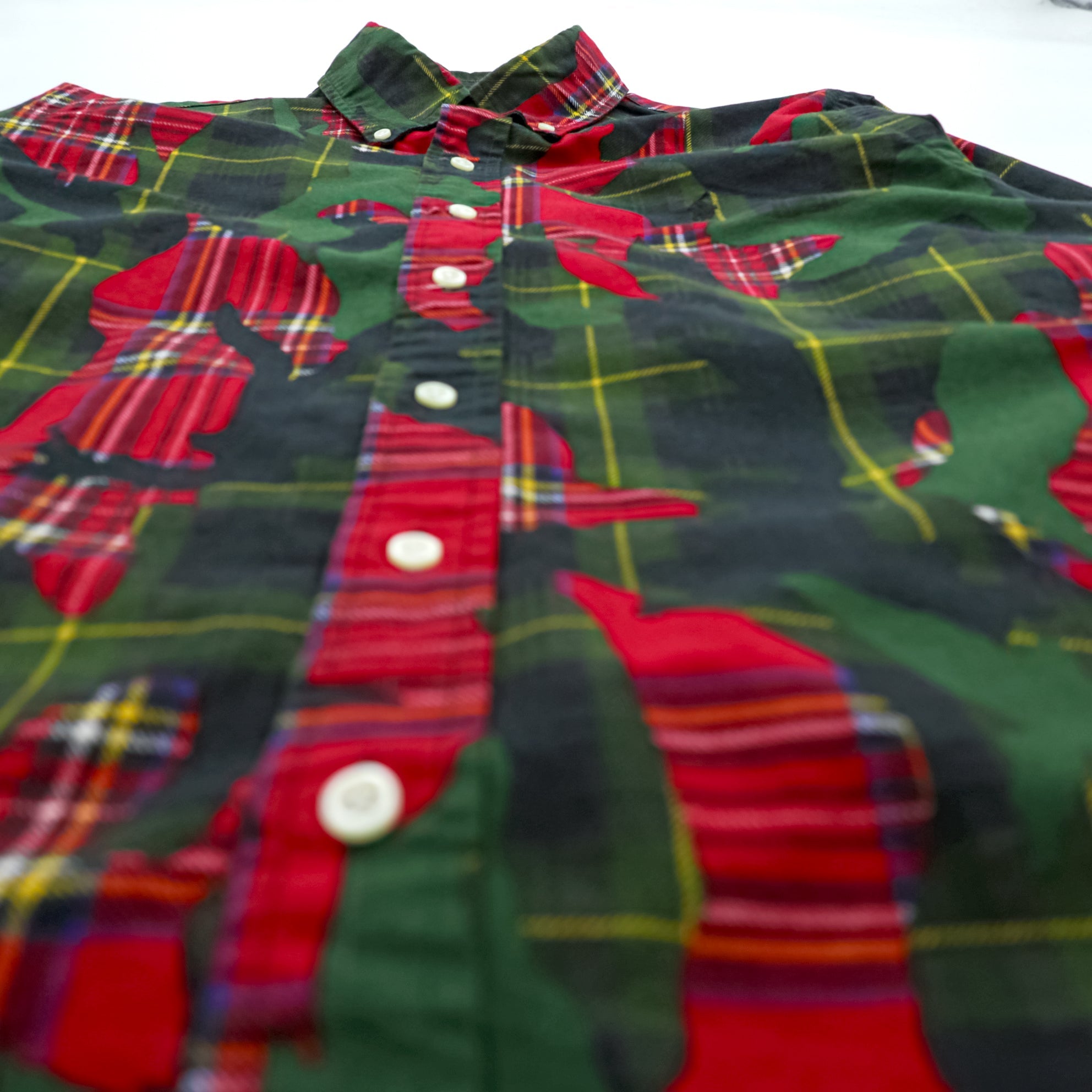 Ralph Lauren Button Down Shirt S Green All-over Pattern Tartan Plaid Camouflage CLASSIC FIT