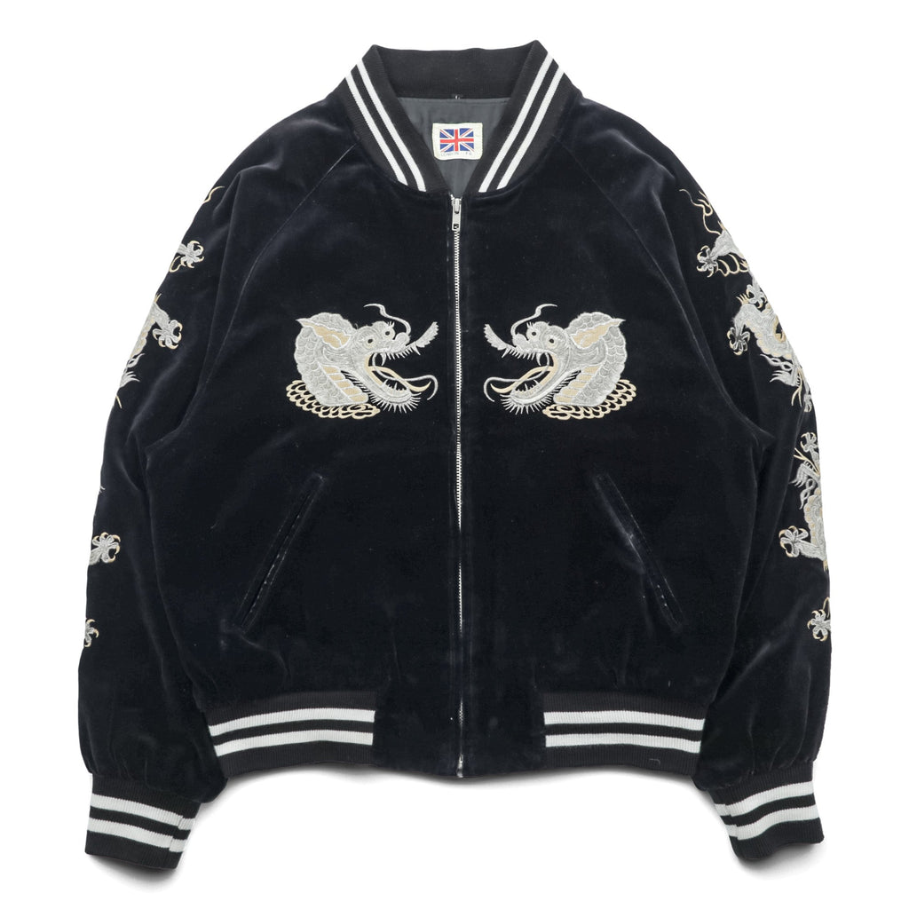 LONDON F.B. 80s Made in Japan Vintage Velour Sukajan Souvenir Jacket L Black Dragon Embroidery JAPAN YOKOSUKA