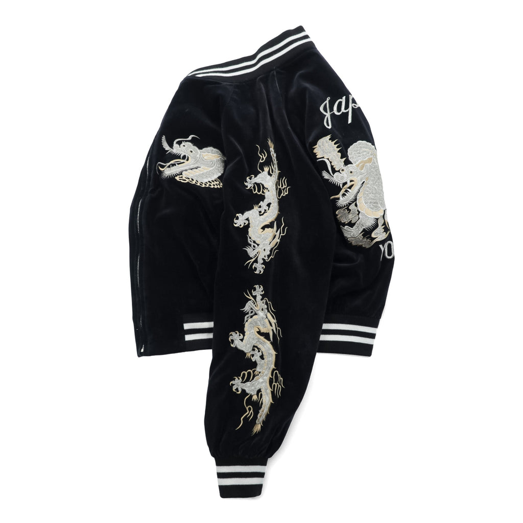 LONDON F.B. 80s Made in Japan Vintage Velour Sukajan Souvenir Jacket L Black Dragon Embroidery JAPAN YOKOSUKA