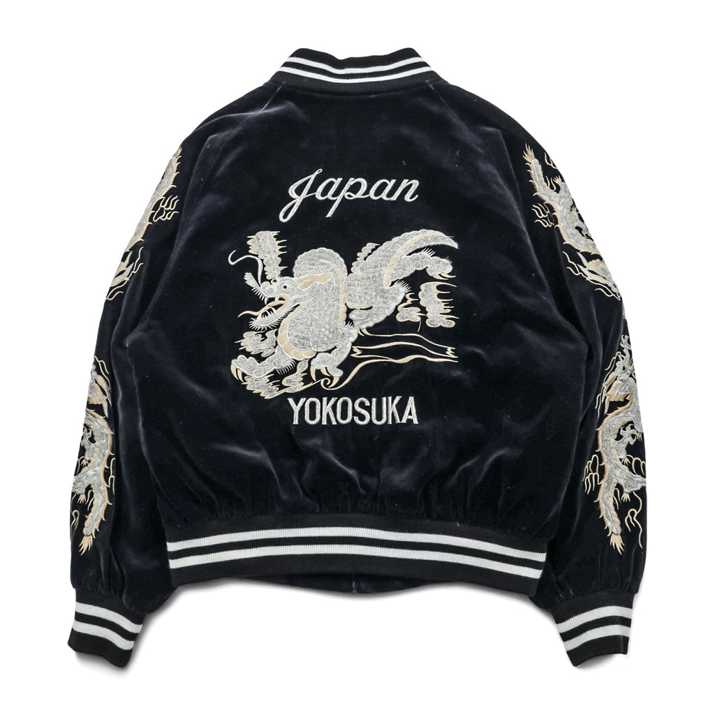 LONDON F.B. 80s Made in Japan Vintage Velour Sukajan Souvenir Jacket L Black Dragon Embroidery JAPAN YOKOSUKA