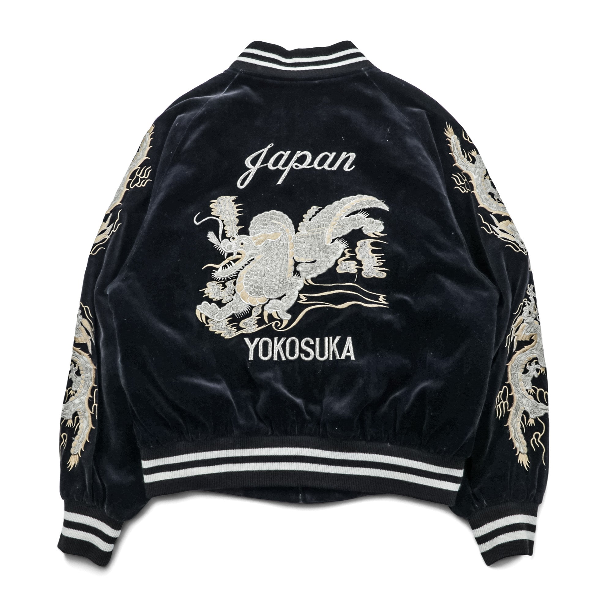 LONDON F.B. 80s Made in Japan Vintage Velour Sukajan Souvenir Jacket L Black Dragon Embroidery JAPAN YOKOSUKA