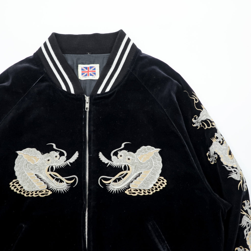 LONDON F.B. 80s Made in Japan Vintage Velour Sukajan Souvenir Jacket L Black Dragon Embroidery JAPAN YOKOSUKA