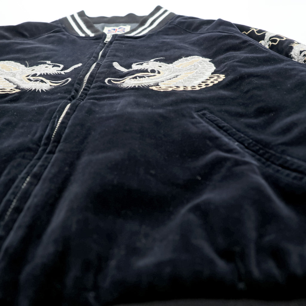 LONDON F.B. 80s Made in Japan Vintage Velour Sukajan Souvenir Jacket L Black Dragon Embroidery JAPAN YOKOSUKA