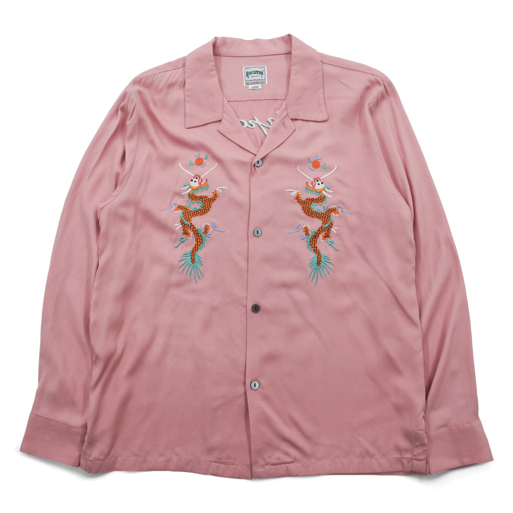 HOUSTON Rayon Long Sleeve Shirt Sukajan L Pink Dragon Tiger Eagle Souvenir Embroidery Open Collar 40999