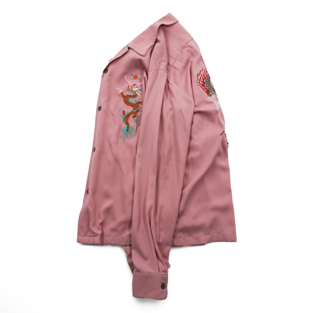 HOUSTON Rayon Long Sleeve Shirt Sukajan L Pink Dragon Tiger Eagle Souvenir Embroidery Open Collar 40999