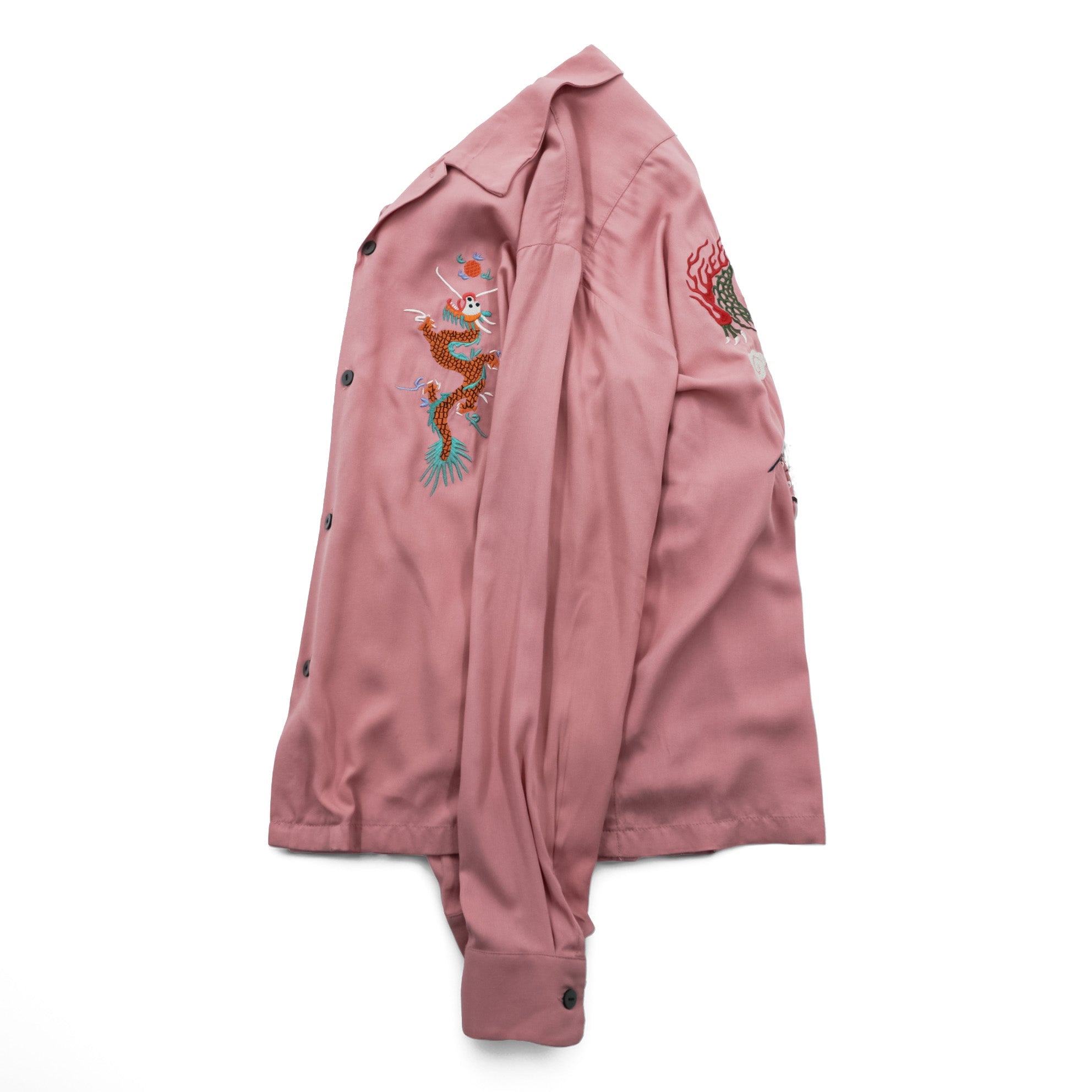 HOUSTON Rayon Long Sleeve Shirt Sukajan L Pink Dragon Tiger Eagle Souvenir Embroidery Open Collar 40999