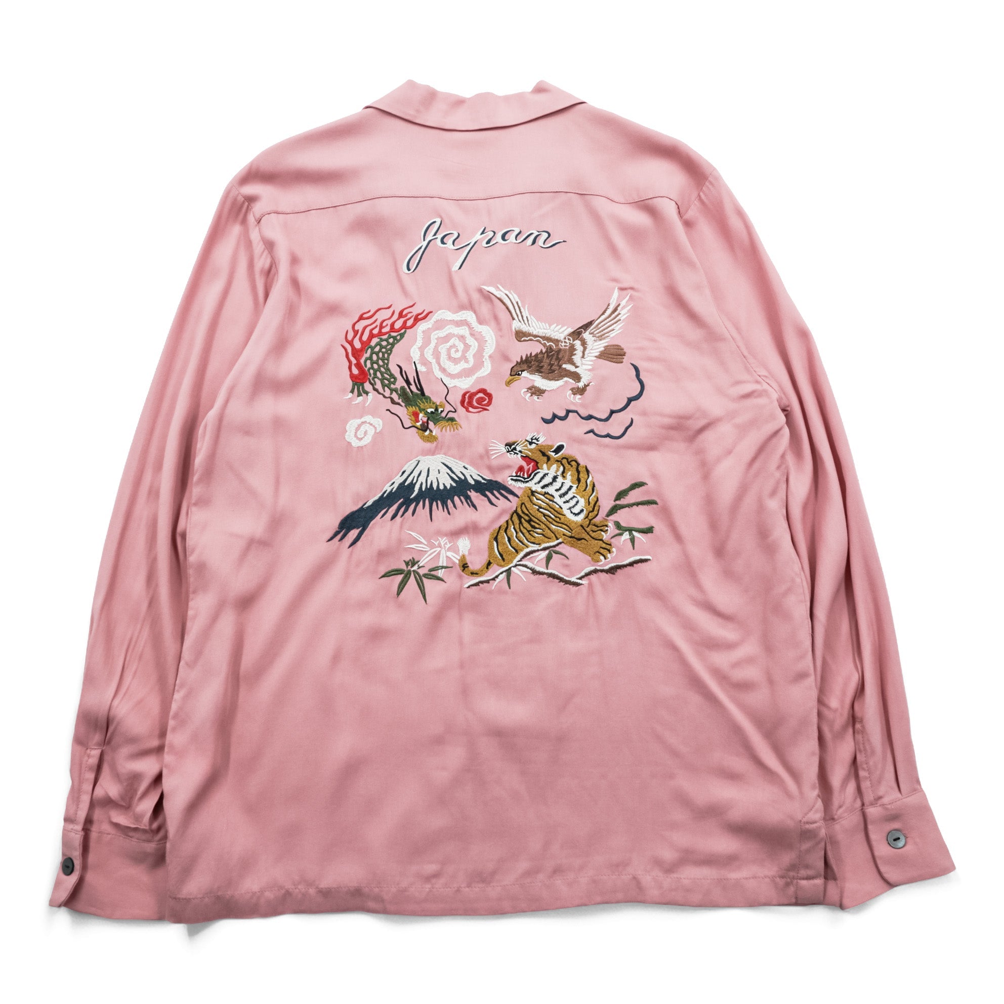 HOUSTON Rayon Long Sleeve Shirt Sukajan L Pink Dragon Tiger Eagle Souvenir Embroidery Open Collar 40999