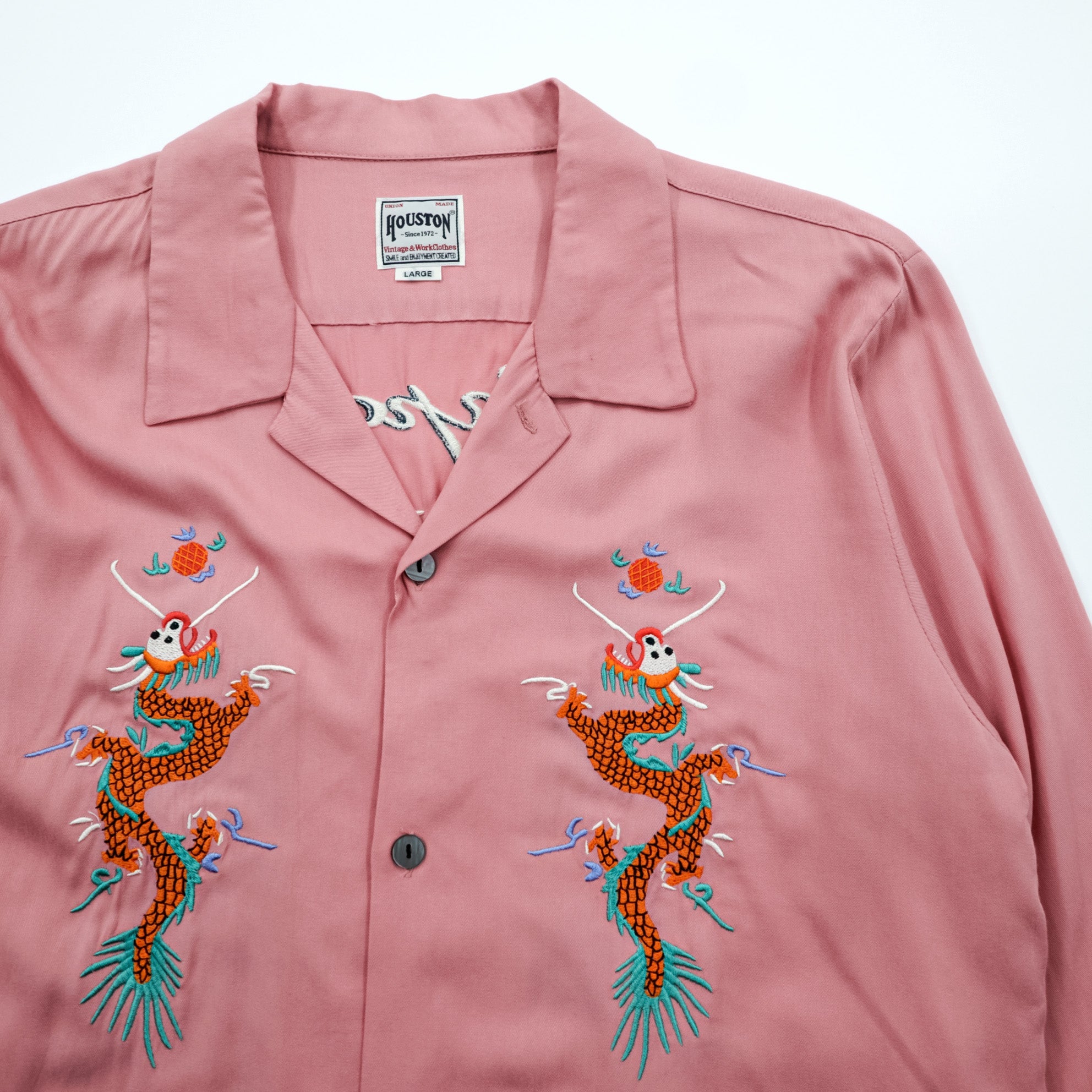 HOUSTON Rayon Long Sleeve Shirt Sukajan L Pink Dragon Tiger Eagle Souvenir Embroidery Open Collar 40999