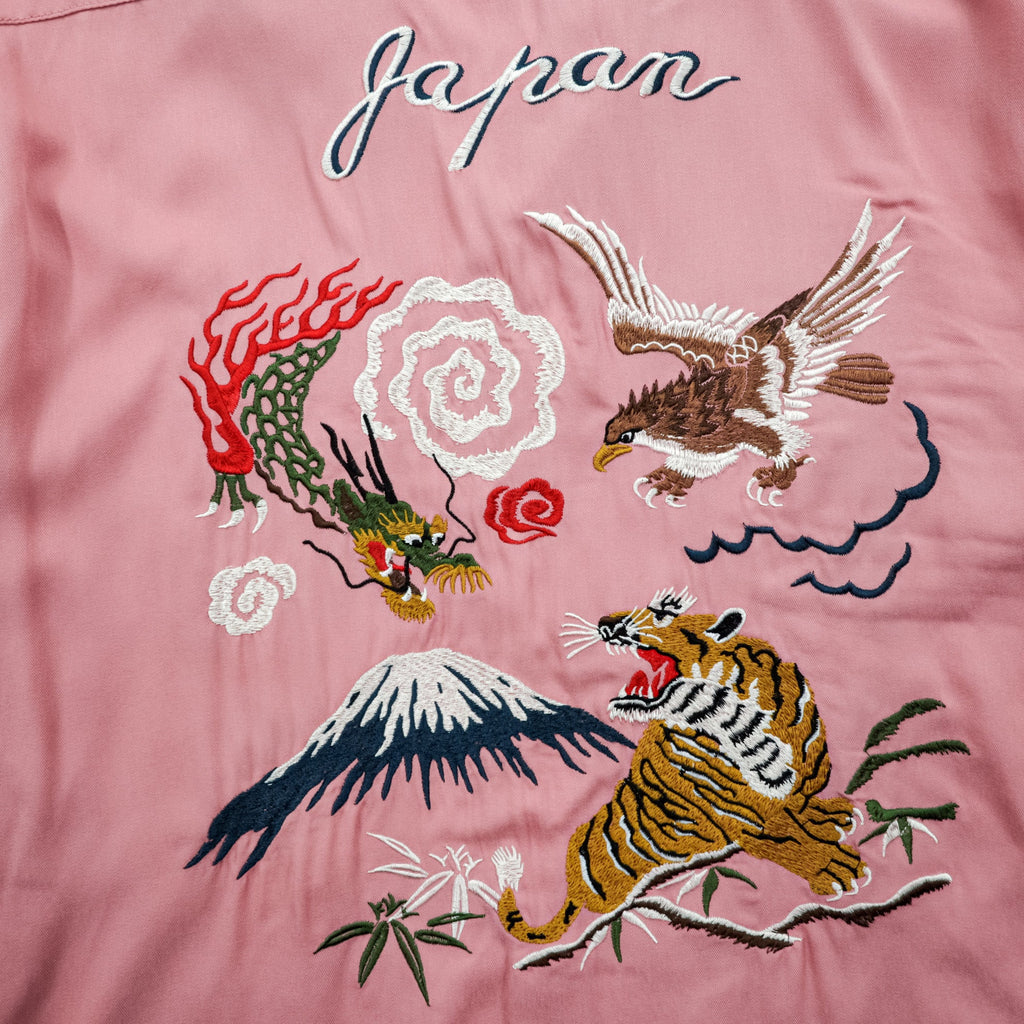 HOUSTON Rayon Long Sleeve Shirt Sukajan L Pink Dragon Tiger Eagle Souvenir Embroidery Open Collar 40999