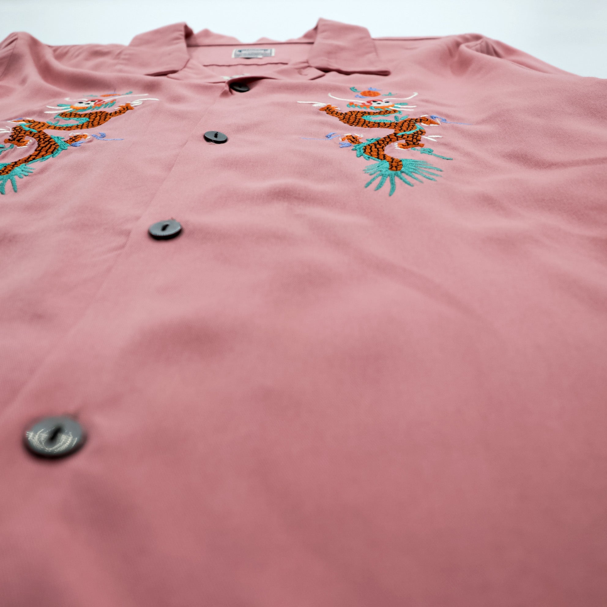 HOUSTON Rayon Long Sleeve Shirt Sukajan L Pink Dragon Tiger Eagle Souvenir Embroidery Open Collar 40999