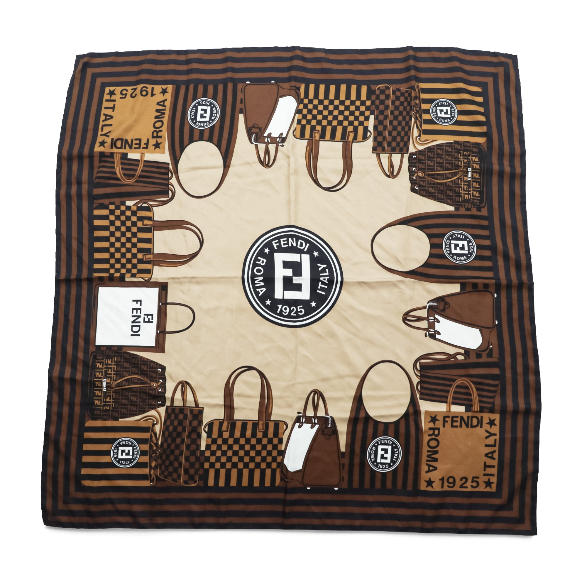 FENDI Made in Italy Silk Scarf All-over Pattern Bag Brown Zucchino Pattern