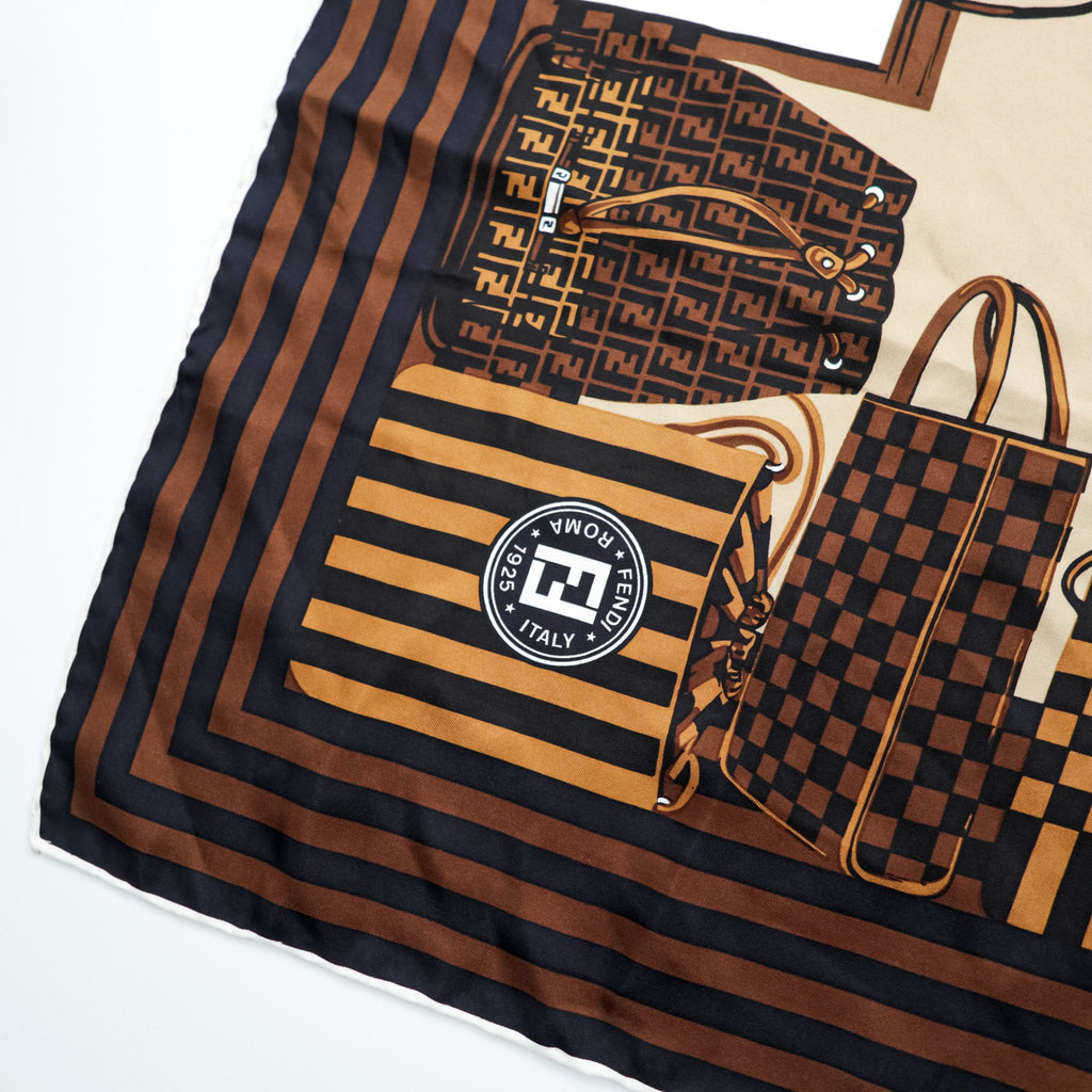 FENDI Made in Italy Silk Scarf All-over Pattern Bag Brown Zucchino Pattern