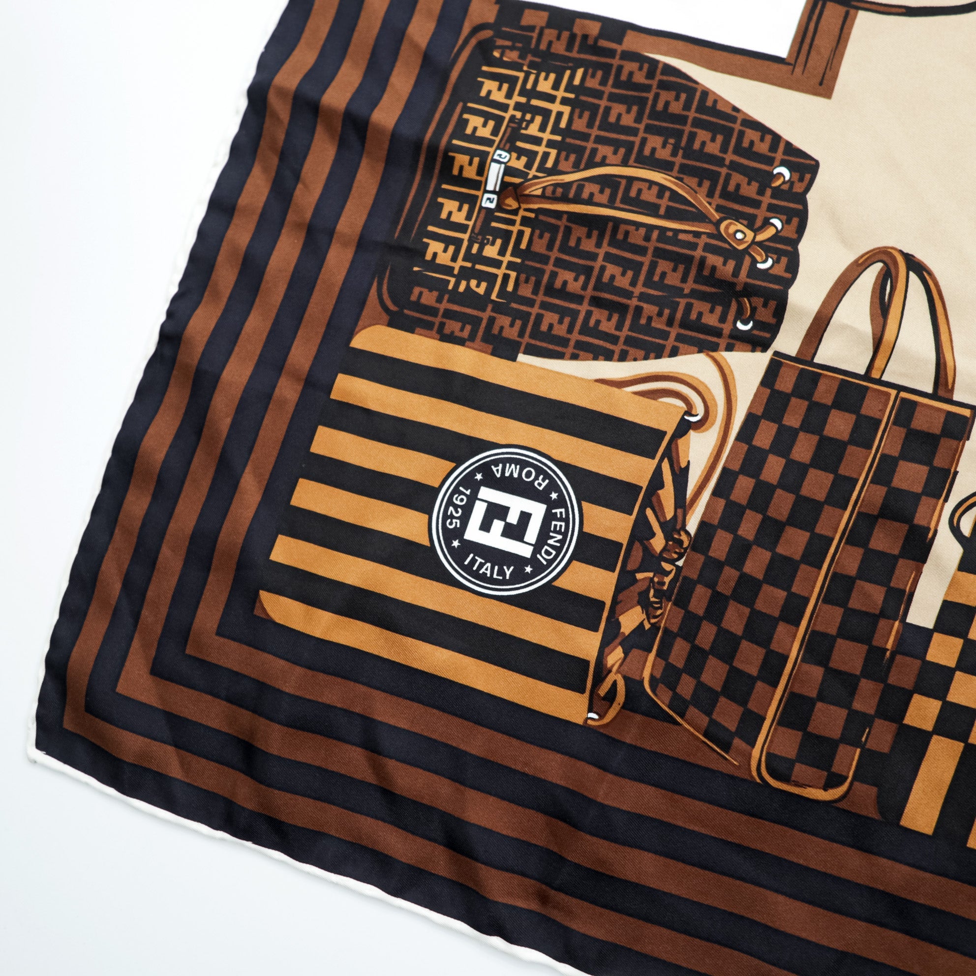 FENDI Made in Italy Silk Scarf All-over Pattern Bag Brown Zucchino Pattern
