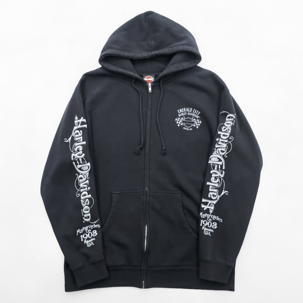 HARLEY DAVIDSON Zip-Up Hoodie L Black Sleeve Print Back Logo Made by Bravado EMERALD CITY