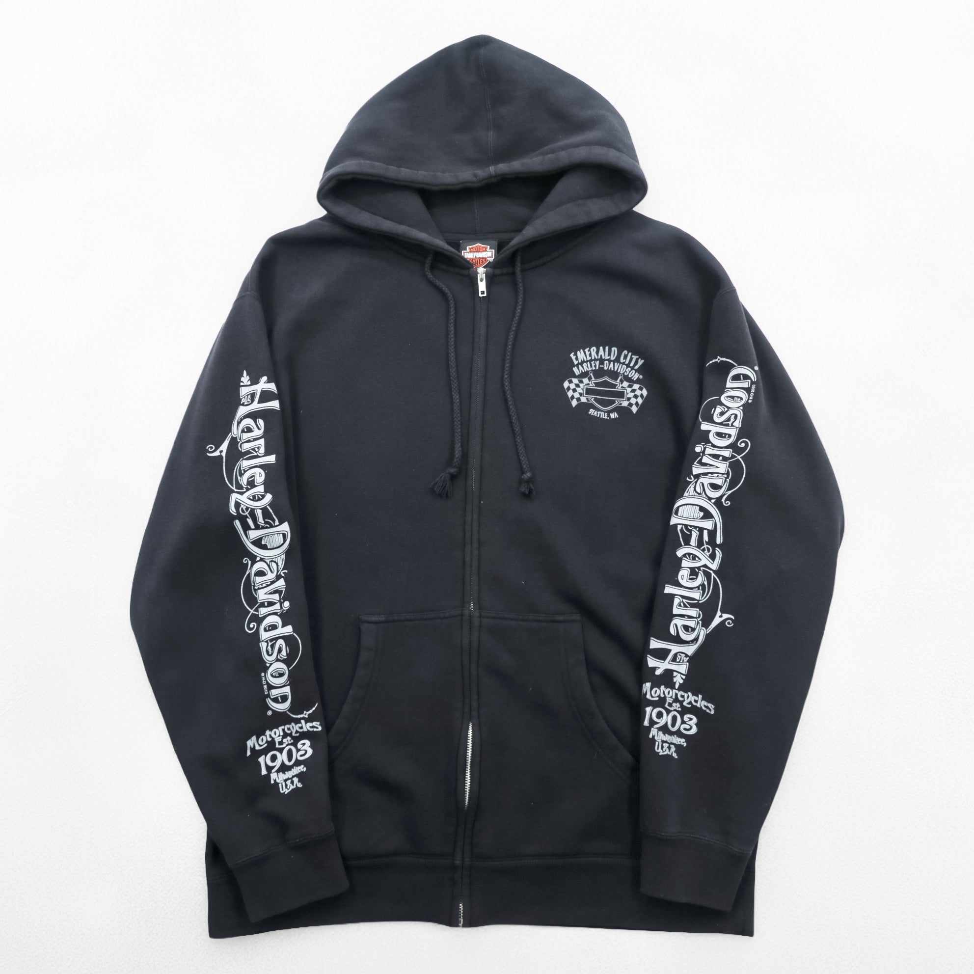 HARLEY DAVIDSON Zip-Up Hoodie L Black Sleeve Print Back Logo Made by Bravado EMERALD CITY
