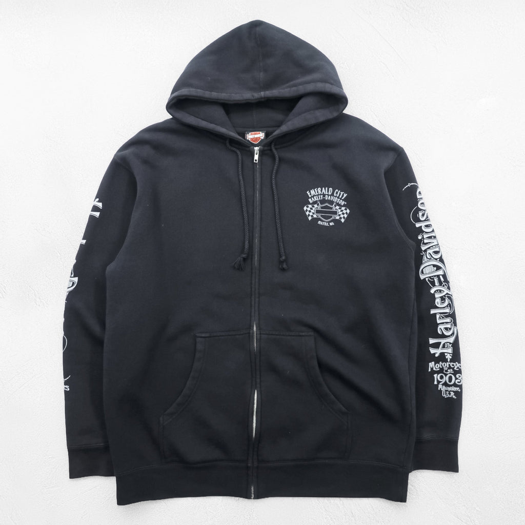 HARLEY DAVIDSON Zip-Up Hoodie L Black Sleeve Print Back Logo Made by Bravado EMERALD CITY