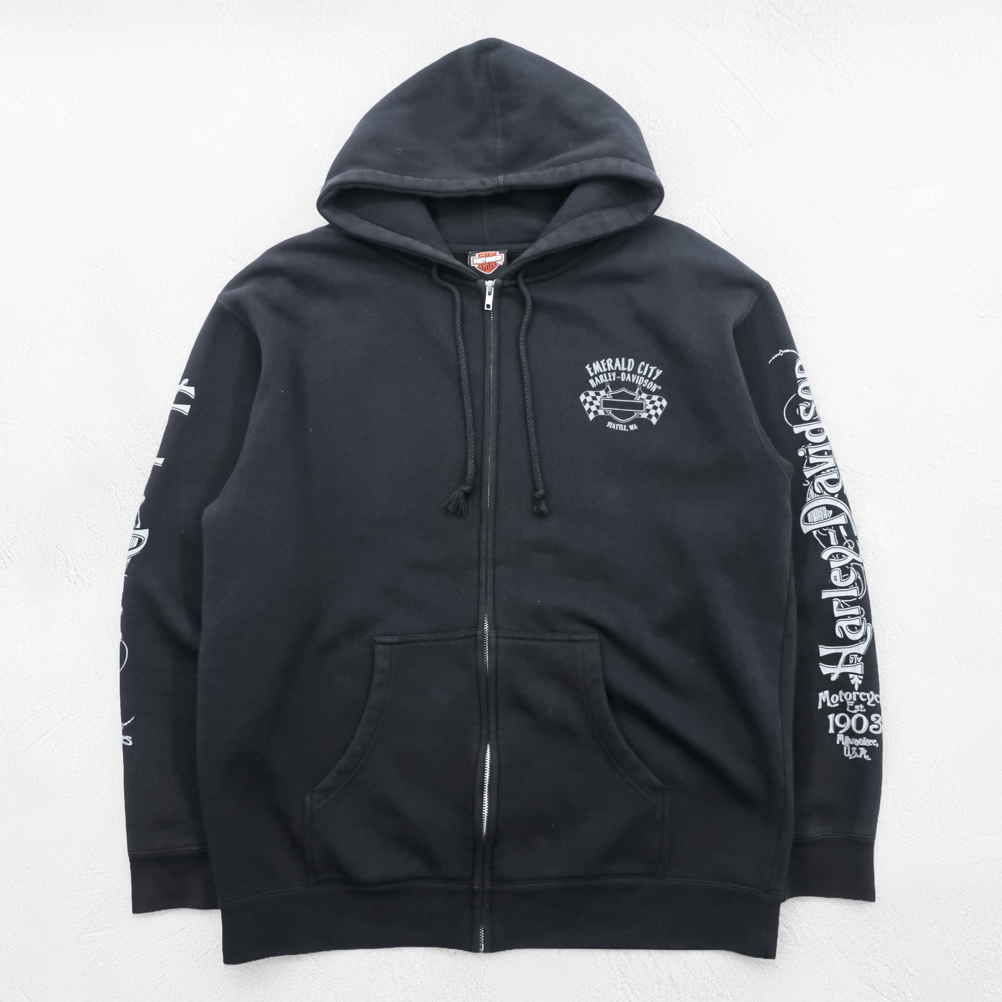 HARLEY DAVIDSON Zip-Up Hoodie L Black Sleeve Print Back Logo Made by Bravado EMERALD CITY