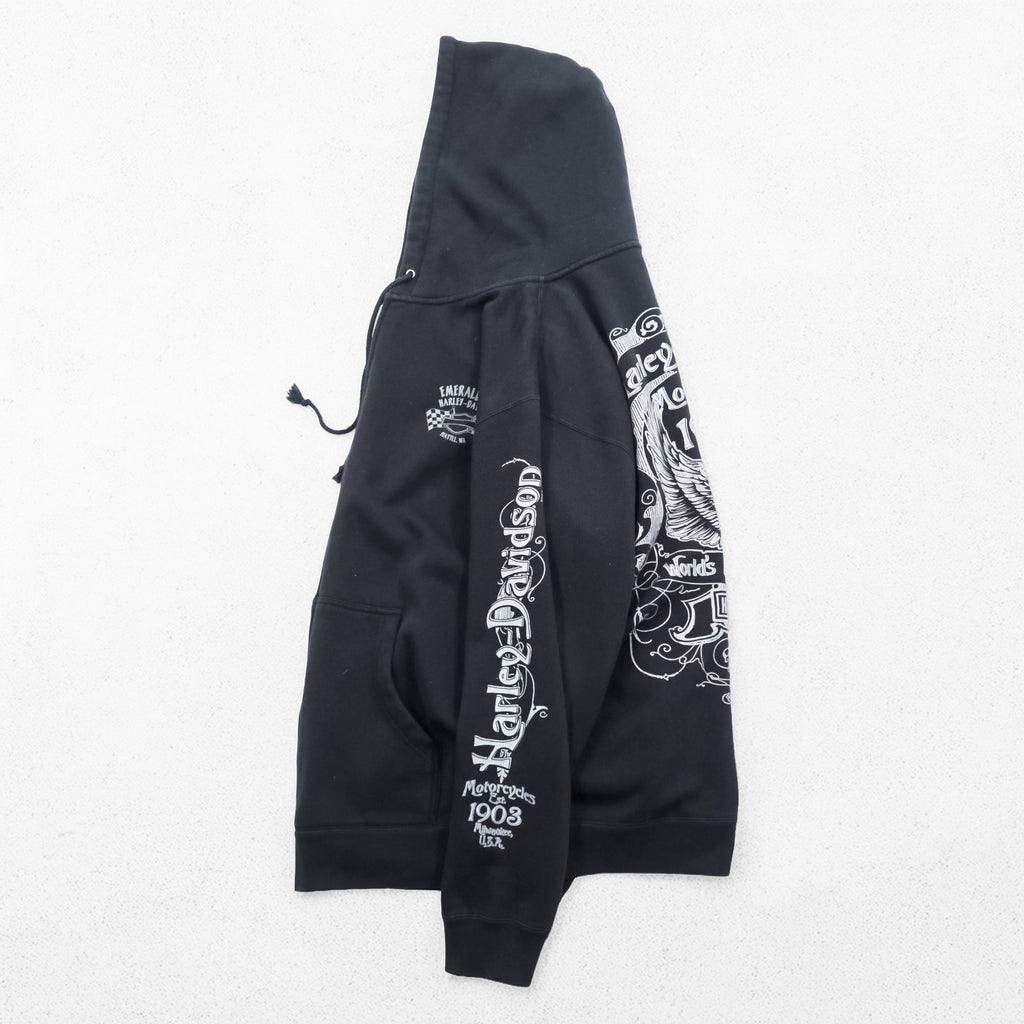 HARLEY DAVIDSON Zip-Up Hoodie L Black Sleeve Print Back Logo Made by Bravado EMERALD CITY