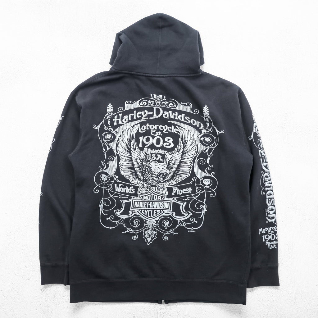 HARLEY DAVIDSON Zip-Up Hoodie L Black Sleeve Print Back Logo Made by Bravado EMERALD CITY