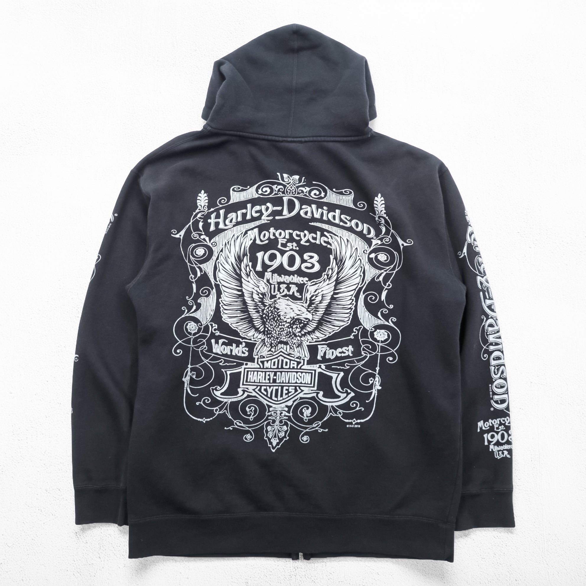 HARLEY DAVIDSON Zip-Up Hoodie L Black Sleeve Print Back Logo Made by Bravado EMERALD CITY
