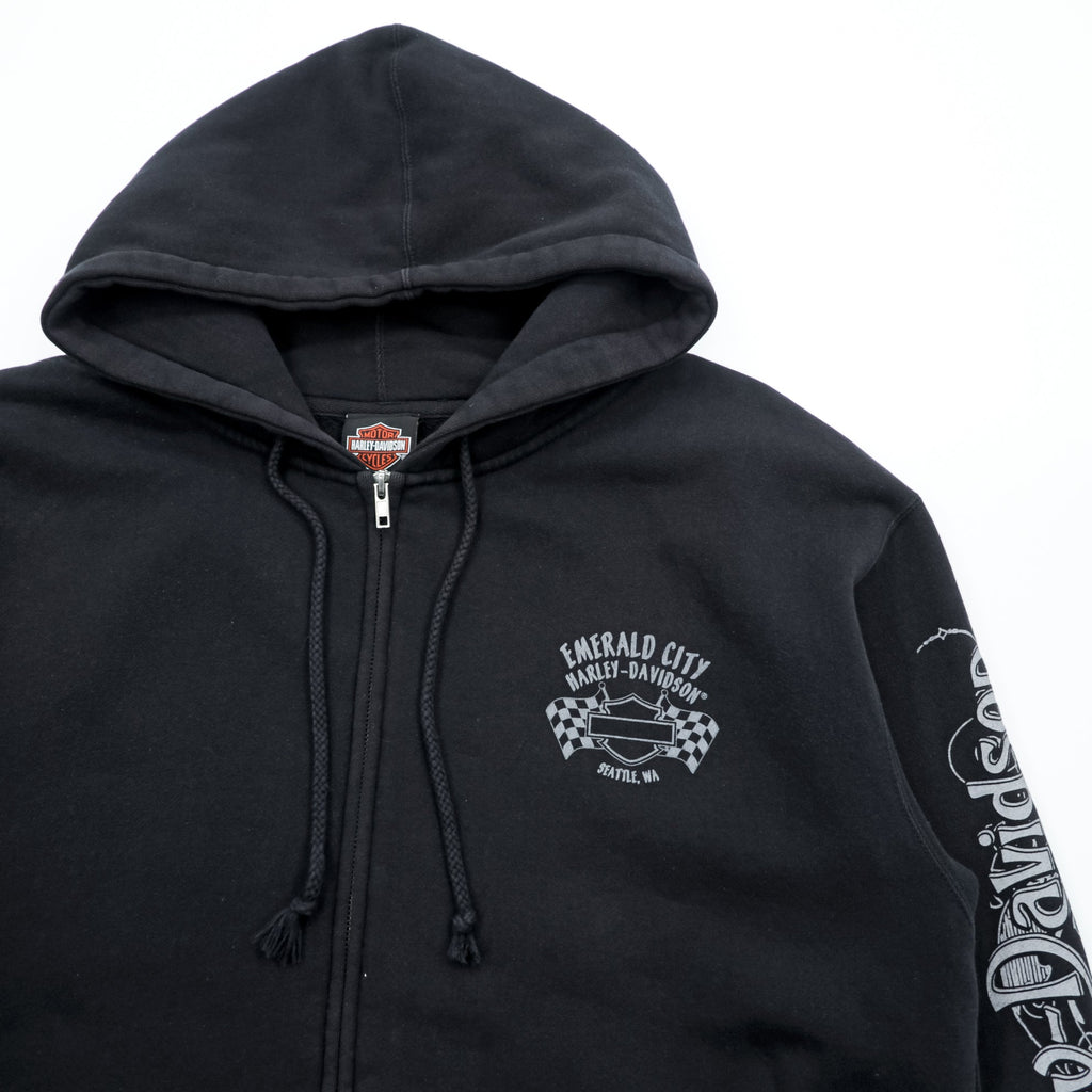HARLEY DAVIDSON Zip-Up Hoodie L Black Sleeve Print Back Logo Made by Bravado EMERALD CITY
